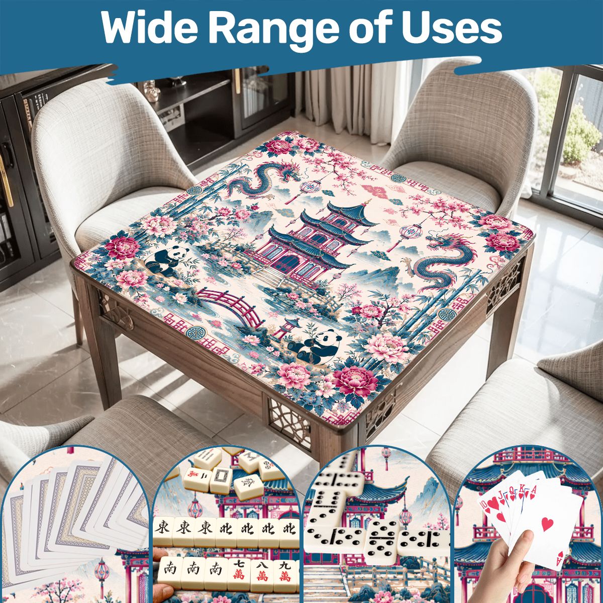 Playful Pandas And Dragon Chinoiserie Pagoda Mahjong Mat Blue And Mauve - Splash Of Mahj And Color Co.