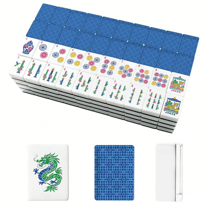 Modern Geometric Blue Chinoiserie Pastel Engraved Mahjong Tiles And Carry Case
