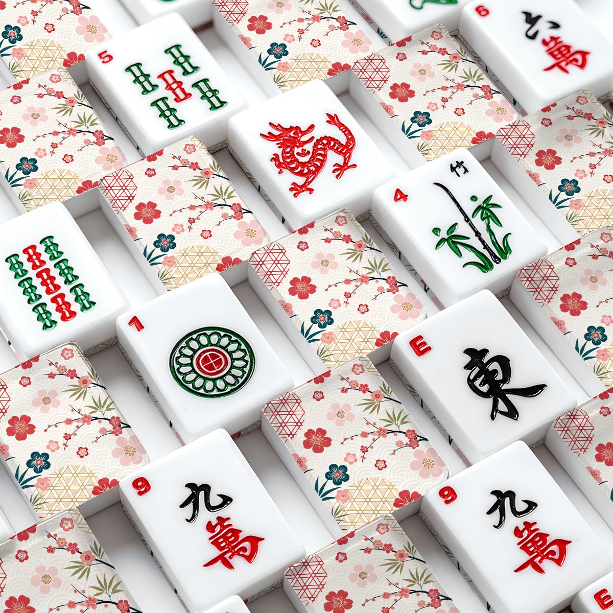 Asian Floral Cherry Blossom American Mahjong Tiles And Carry Case - Splash Of Mahj And Color Co.