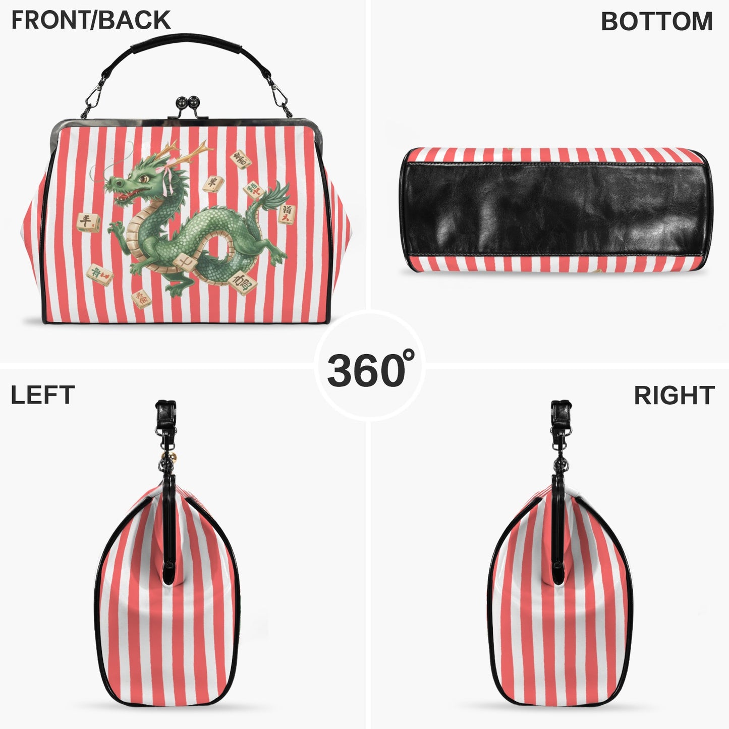 Preppy Coral Striped Green Dragon Kisslock Handbag, Shoulder Bag