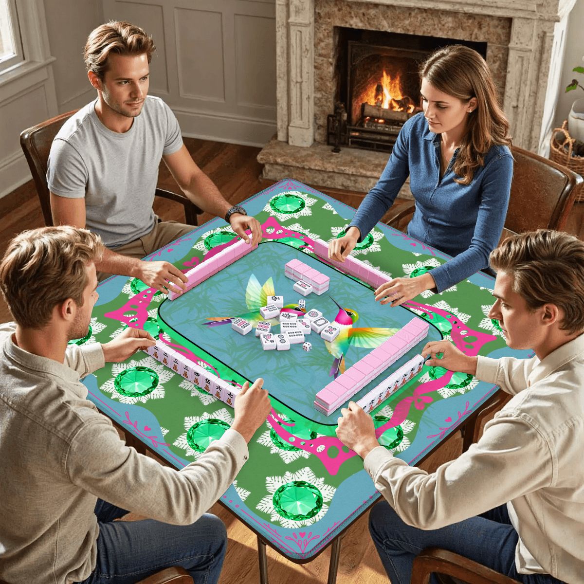 Emerald Mahjong Mat, Flutterbird Mat, Preppy Pink, Green Blue Floral - Splash of Color Co.