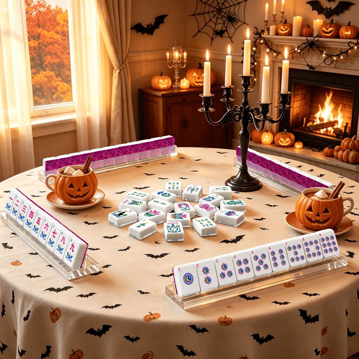 Marbled Hot Pink Dragon's Coven Halloween Mahjong Tiles With Carry Case - Splash Of Mahj And Color Co.