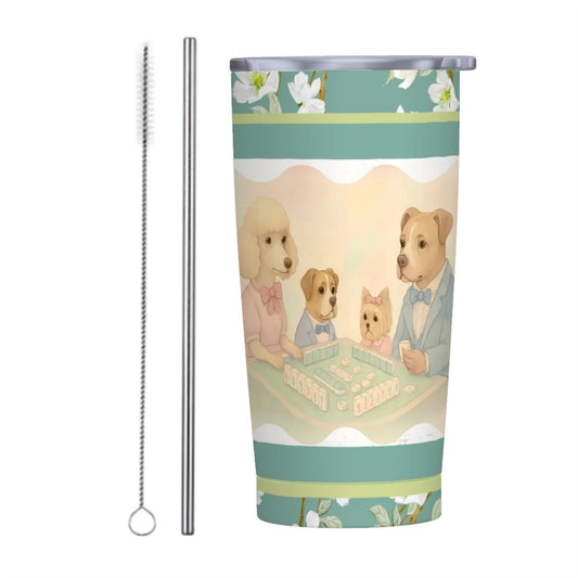 Mahjong Tumbler, Dogs Playing Mahj, Quirky Cute Stainless Steel Insulated Tumblers with Lid & Straw