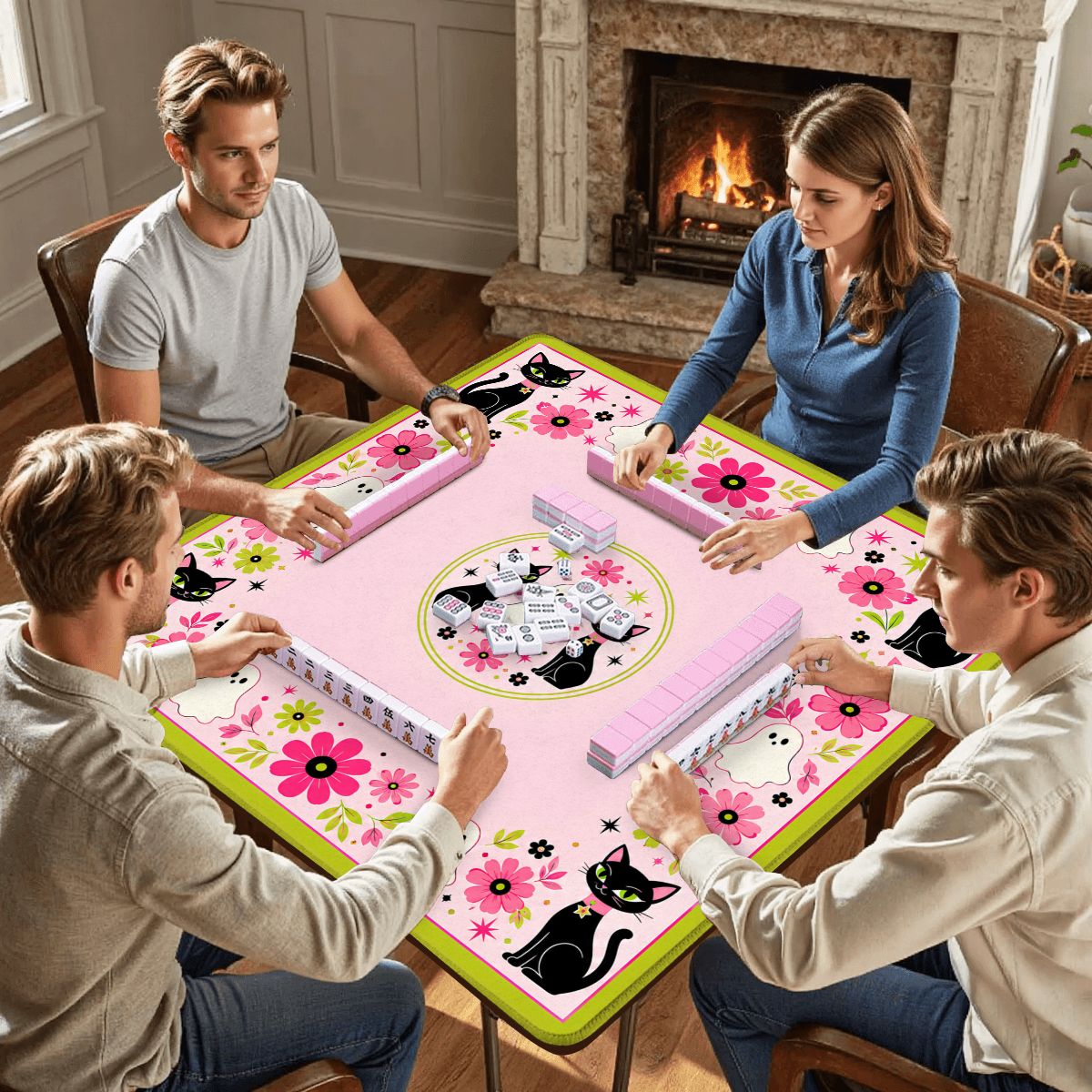 Kitty Ghost Brigade Pink And Green Halloween Mahjong Mat - Splash Of Mahj And Color Co.