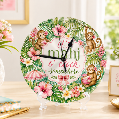 Floral Tropical Monkey It's Mahj O'Clock Somewhere Wall Or Desk Clock Includes Stand - Splash Of Mahj And Color Co.