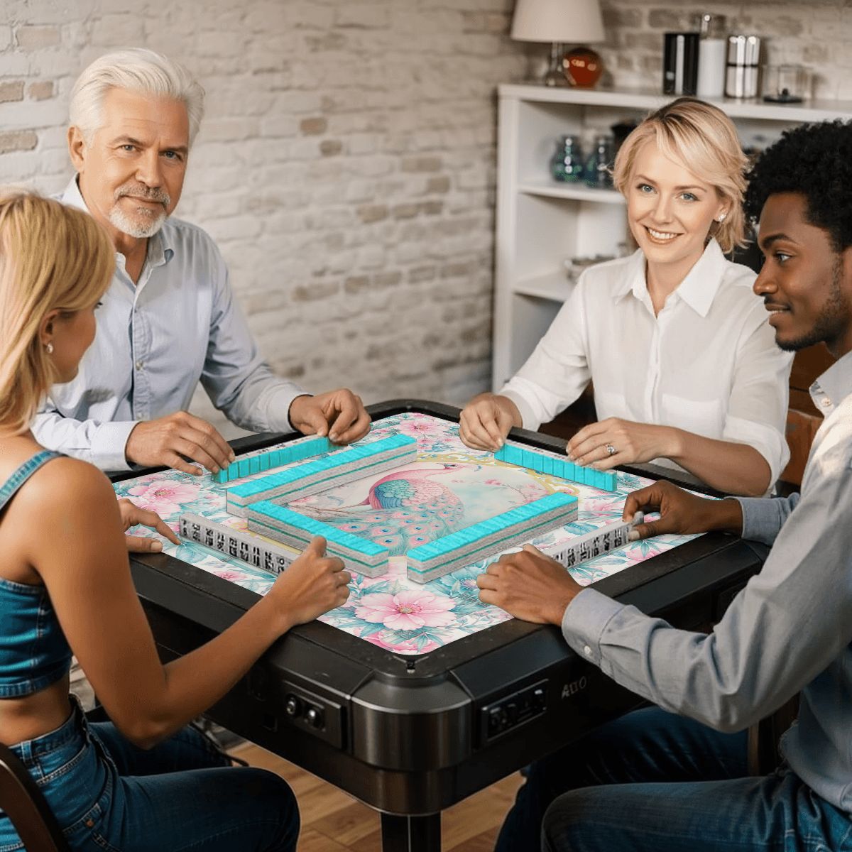 Pretty Pastel Peacock Chinoiserie Blossoms Mahjong Mat - Splash of Color Co.