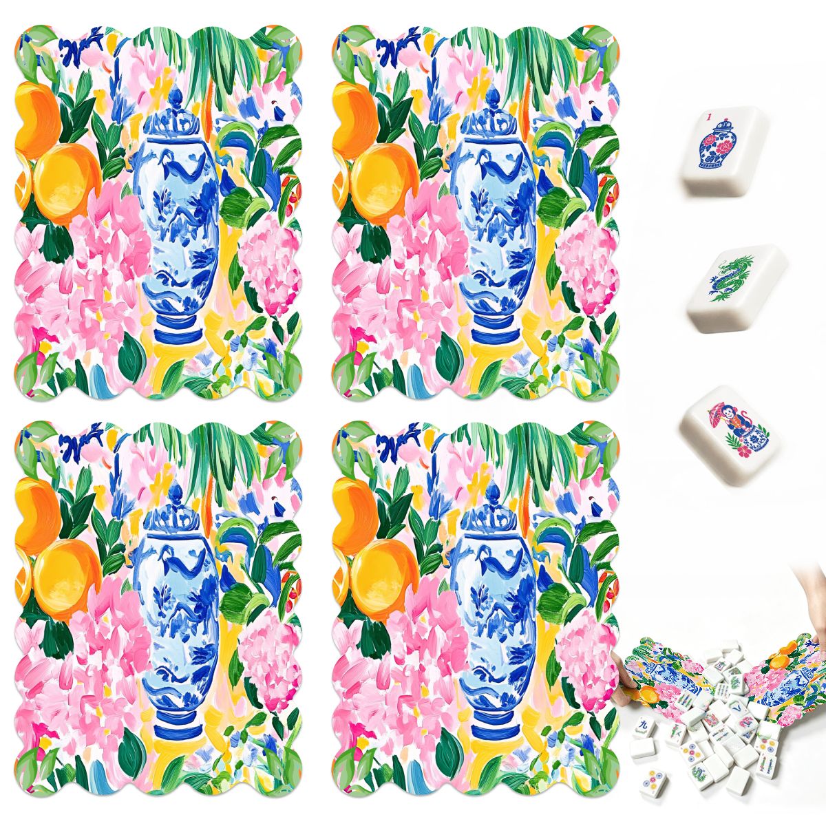 Sunny Citrus Chinoiserie Scalloped Mahjong Shuffler Cards Set of 4 - Splash Of Mahj And Color Co.