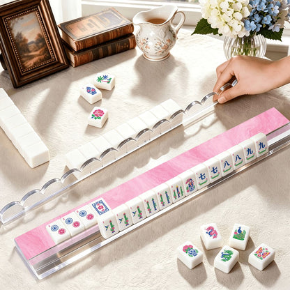 Pink Marbled Extended Mahjong Rack Set of 4  Scalloped Magnetic Tile Pusher 20'
