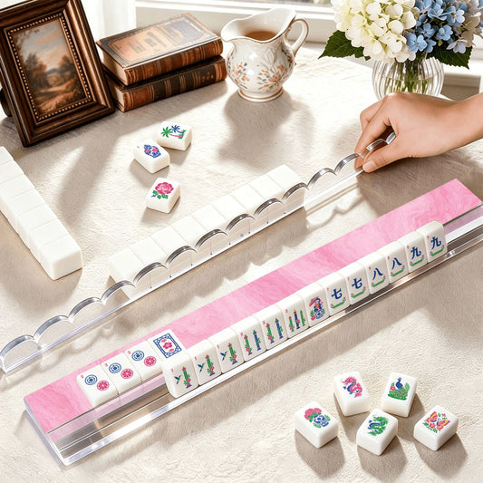 Pink Marbled Extended Mahjong Rack Set of 4 Scalloped Magnetic Tile Pusher 20' - Splash Of Mahj And Color Co.