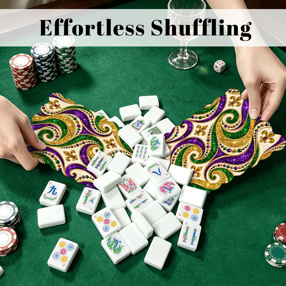 Mardi Gras Glitz Gold Fleur De Lis Scalloped Mahjong Shuffler Cards  Set of 4