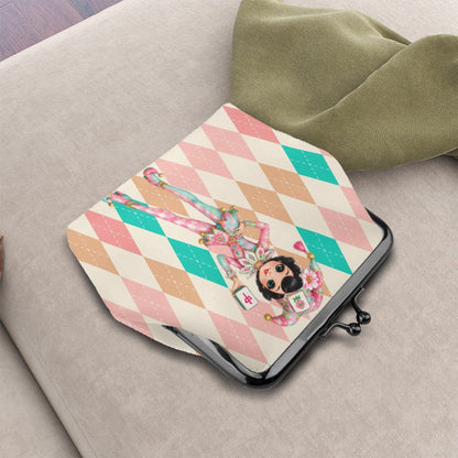 Mahjie The Mascot Harlequin Designed Whimsy Women's Leather Kiss Lock Coin Purse - Splash Of Mahj And Color Co.