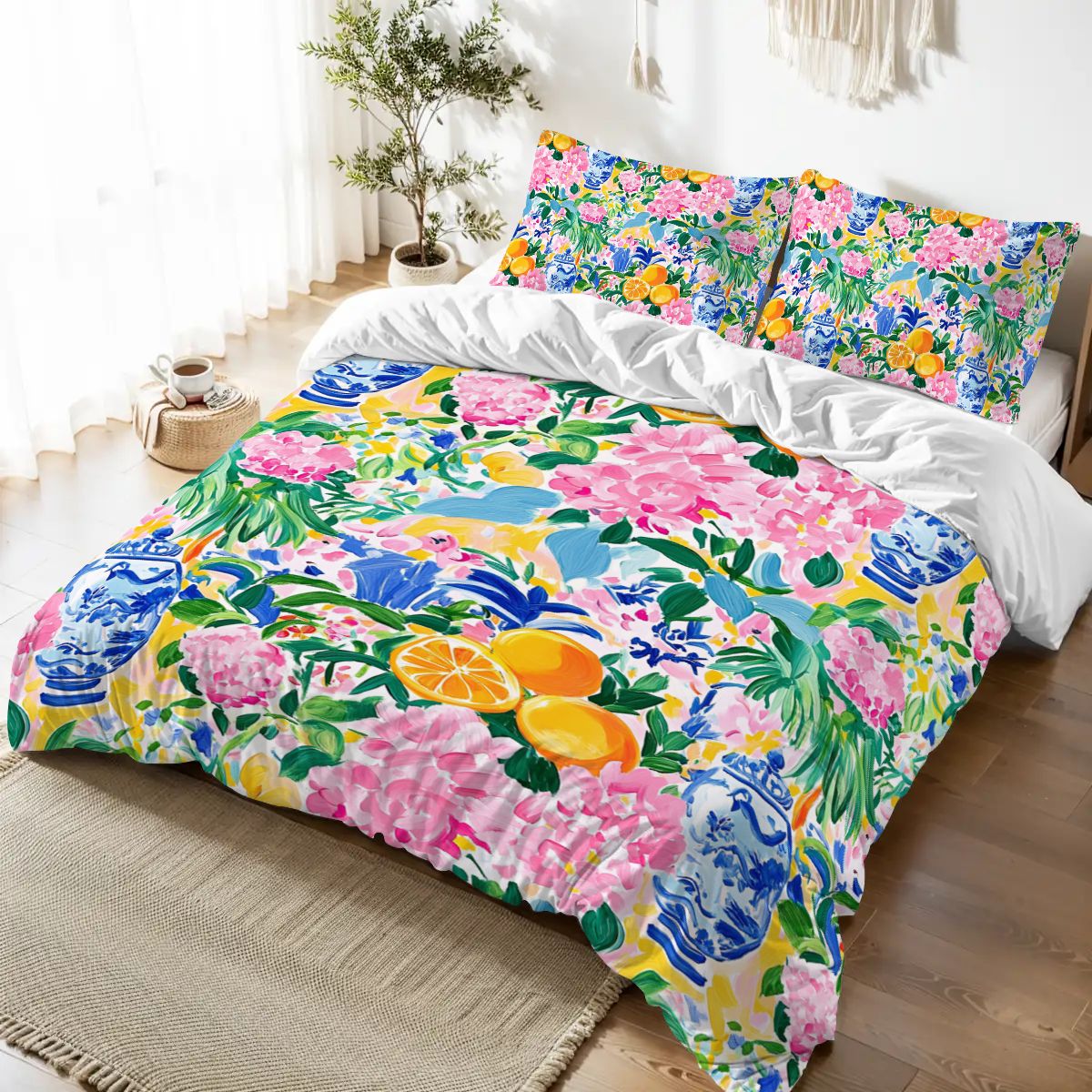 Preppy Pastel Asian Chinoiserie Flora Queen Duvet Cover Set - Splash of Color Co.
