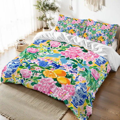Preppy Pastel Asian Chinoiserie Flora Queen Duvet Cover Set - Splash of Color Co.