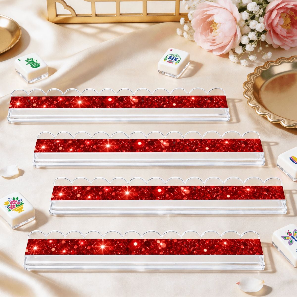 Putting On The Glitz Red Extended Mahjong Rack Set of 4 Scalloped Magnetic Tile Pusher - Splash Of Mahj And Color Co.