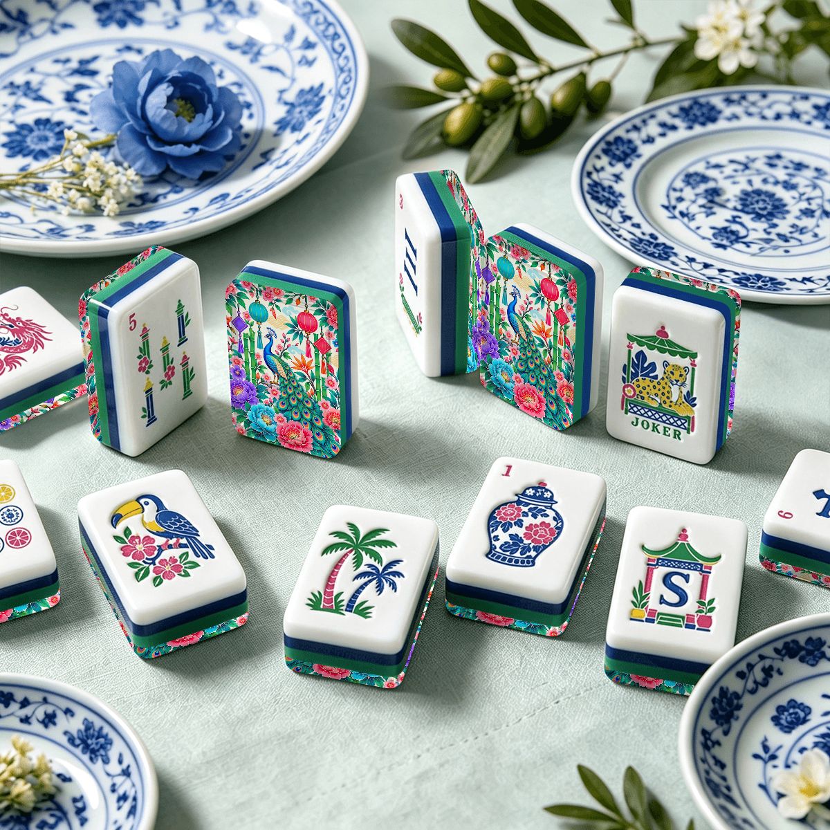 Peony & Peacock Chinoiserie Chic American Engraved Layered Mahjong Tiles - Splash Of Mahj And Color Co.