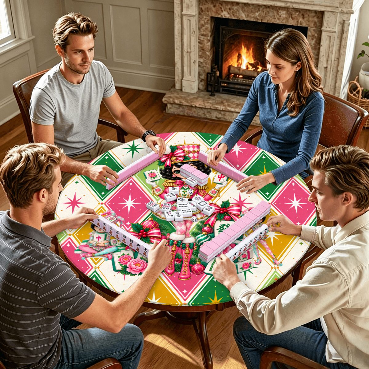 Harlequin Christmas Mahjie The Mascot Round Mahjong Mat - Splash Of Mahj And Color Co.