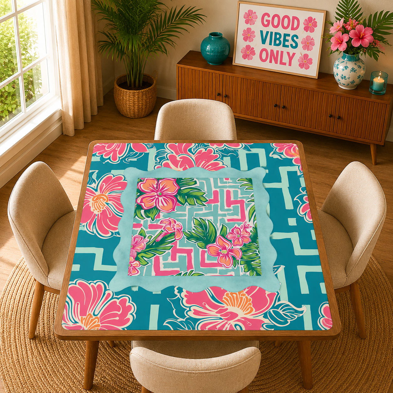 Greek Key Polynesian Hibiscus Flower Mahjong Mat