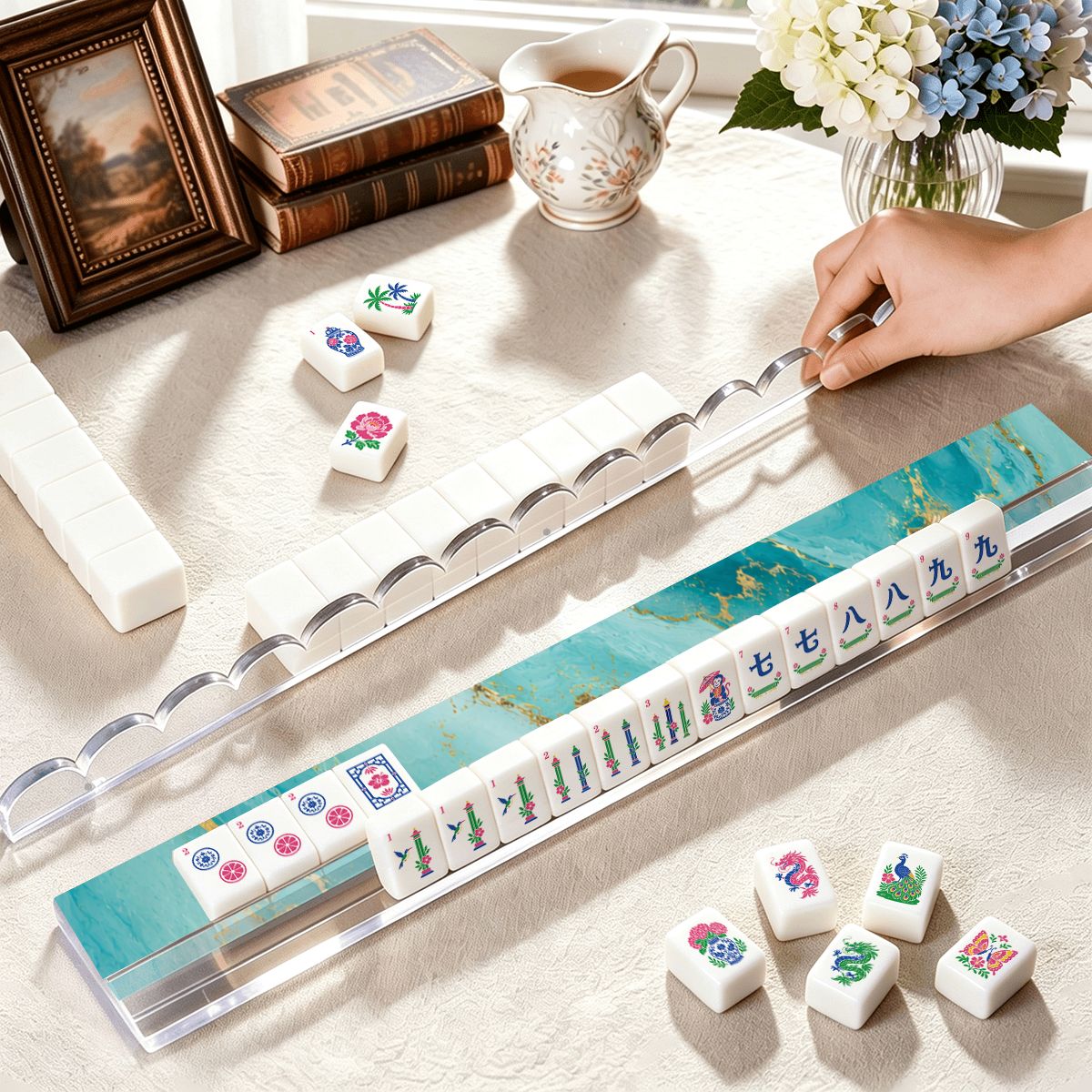 Aqua Tidal Wave Extended Mahjong Rack Set of 4 Scalloped Magnetic Tile Pusher 20' - Splash Of Mahj And Color Co.