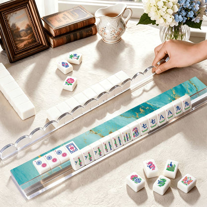 Aqua Tidal Wave Extended Mahjong Rack Set of 4 Scalloped Magnetic Tile Pusher 20' - Splash Of Mahj And Color Co.