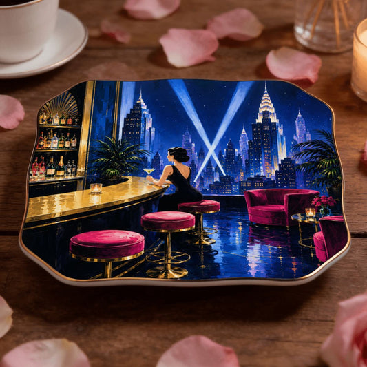 Art Deco Midnight At The Oasis Scalloped Ceramic Mahjong Dice Tray - Splash Of Mahj And Color Co.