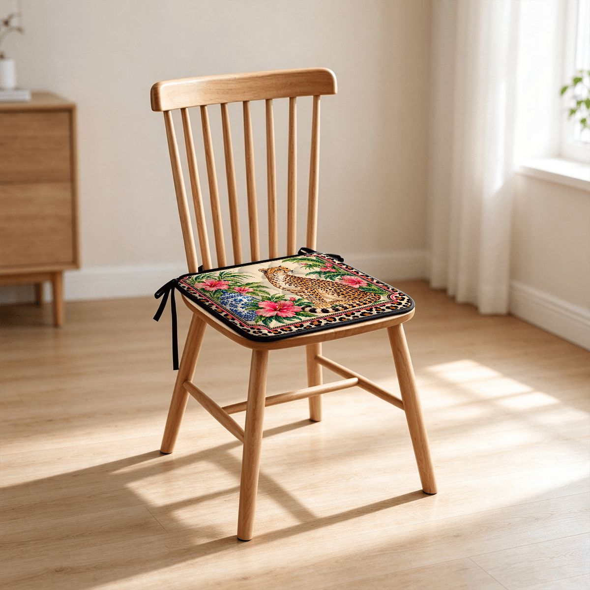 Leopard Chinoiserie Print Quilted Chair Cushion