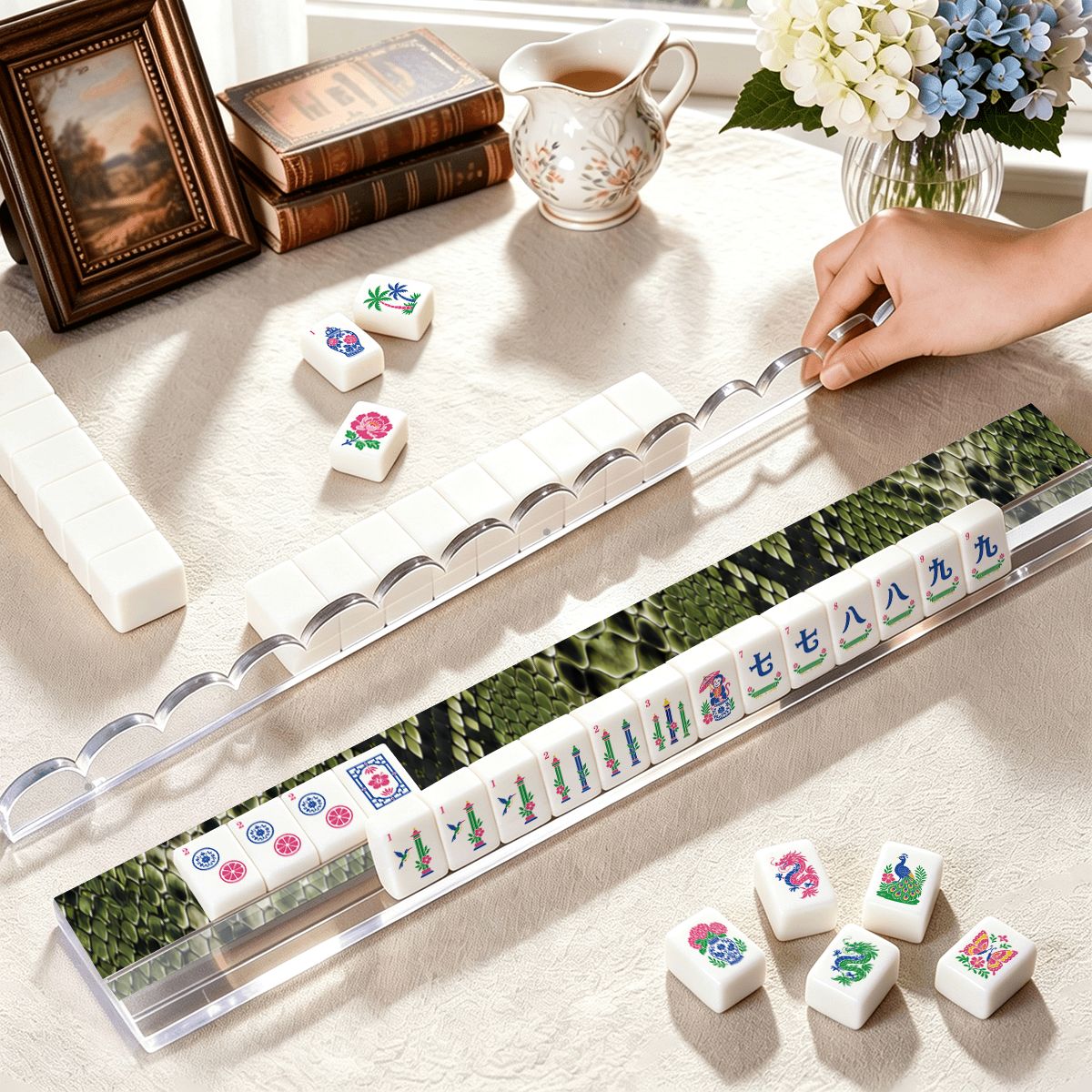 Green SnakeskinExtended Mahjong Rack Set of 4 Scalloped Magnetic Tile Pusher 20' - Splash Of Mahj And Color Co.