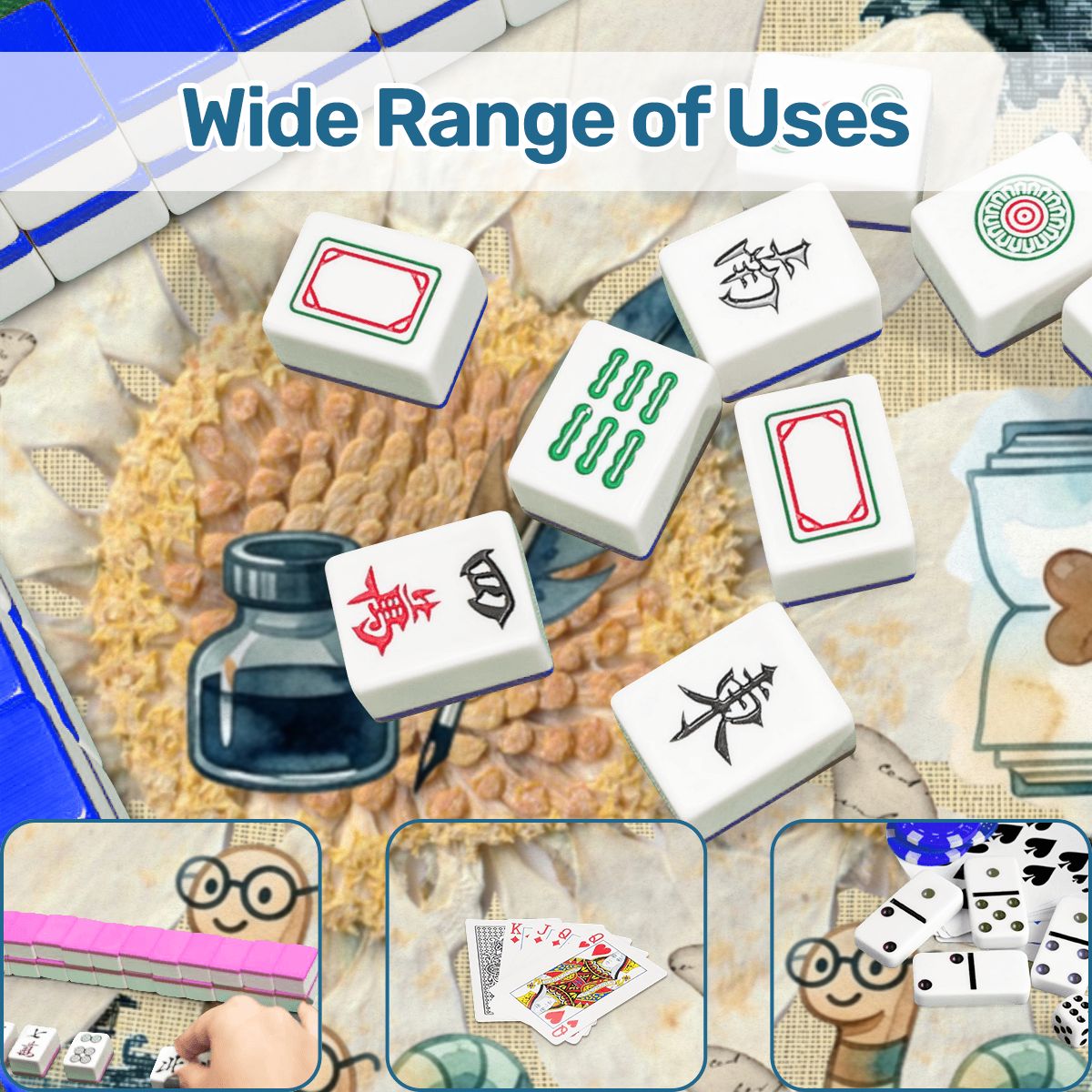 Once Upon A Mahjong Ink And Ivory Faux Embroidered Book Worm Mahjong Mat - Splash of Color Co.