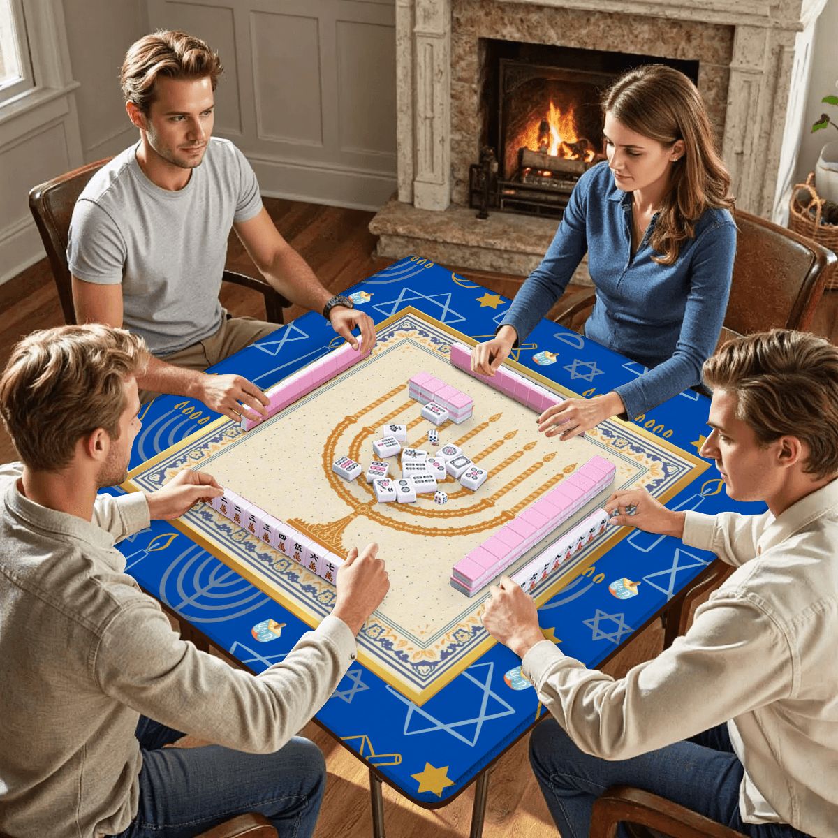 Hanukkah Mahjong Mat With Menorah And Dreidels - Splash of Color Co.
