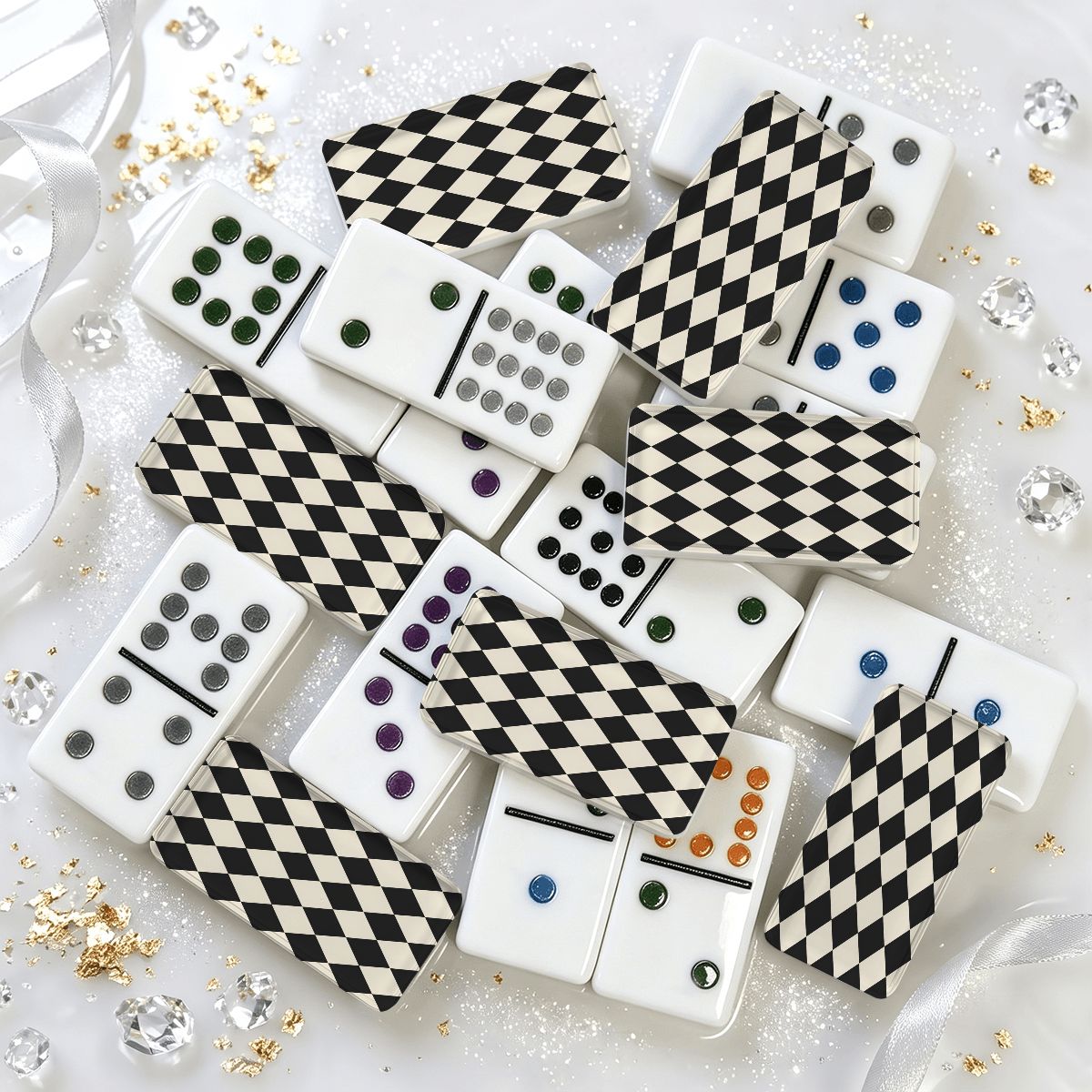 Black Harlequin Double 12 Mexican Train Dominoes Set - Splash Of Mahj And Color Co.