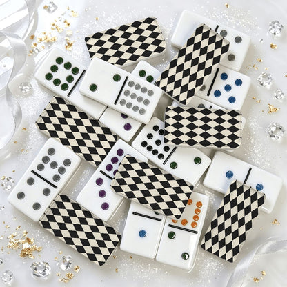 Black Harlequin Double 12 Mexican Train Dominoes Set - Splash Of Mahj And Color Co.