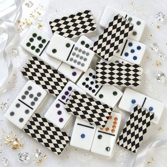Black Harlequin Double 12 Mexican Train Dominoes Set - Splash Of Mahj And Color Co.