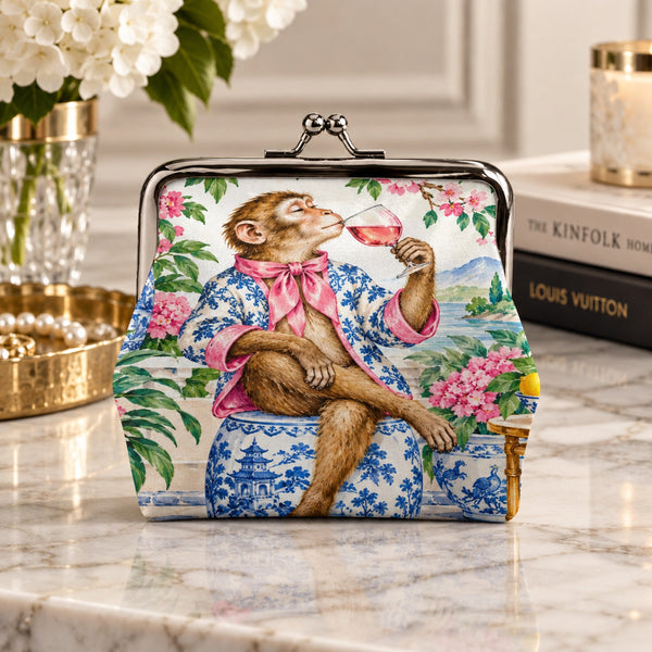 Garden Party Gone Wild Chinoiserie Monkey Women's Leather Kiss Lock Coin Purse