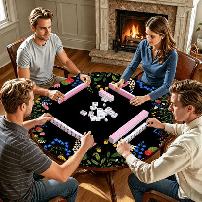 Boho Wildflower Black Round Mahjong Mat