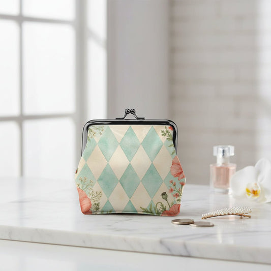 Harlequin Romance Floral Women's Leather Kiss Lock Coin Purse - Splash Of Mahj And Color Co.