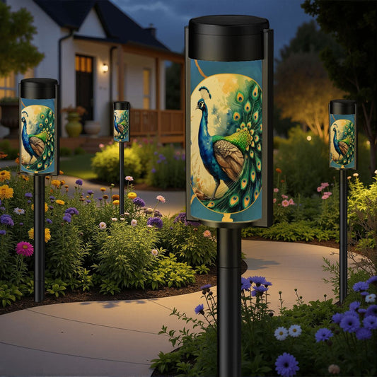 Peacock Watercolor Floral Asian Zen Garden Floral Outdoor Solar Lights