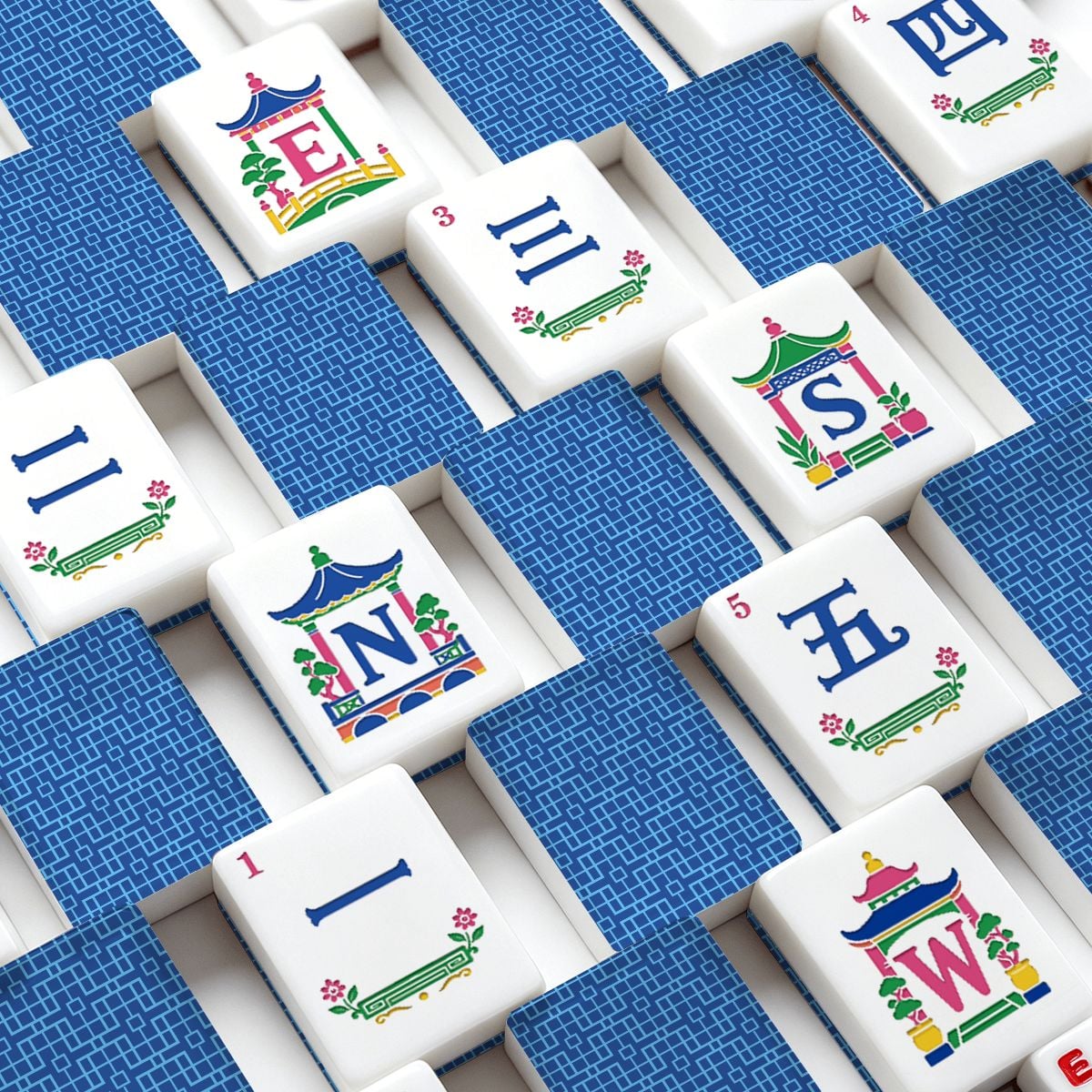 Modern Geometric Blue Chinoiserie Pastel Engraved Mahjong Tiles And Carry Case