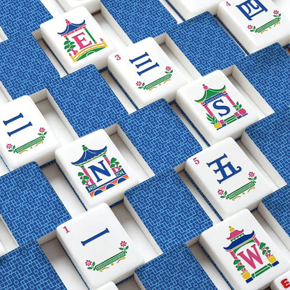 Modern Geometric Blue Chinoiserie Pastel Engraved Mahjong Tiles And Carry Case