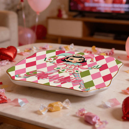 Mahjie The Mascot Harlequin Designed Scalloped Ceramic Mahjong Dice Tray