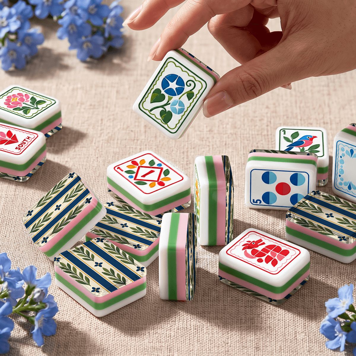 Modern Floral Green And Blue Folk American Mahjong Tiles  4 Layer And Carry Case
