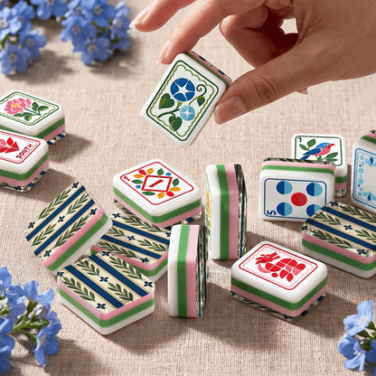 Modern Floral Green And Blue Folk American Mahjong Tiles  4 Layer And Carry Case
