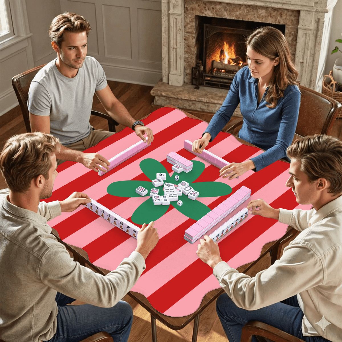 The Daisy Mae Red And Pink Preppy Striped Scalloped Mahjong Mat - Splash Of Mahj And Color Co.