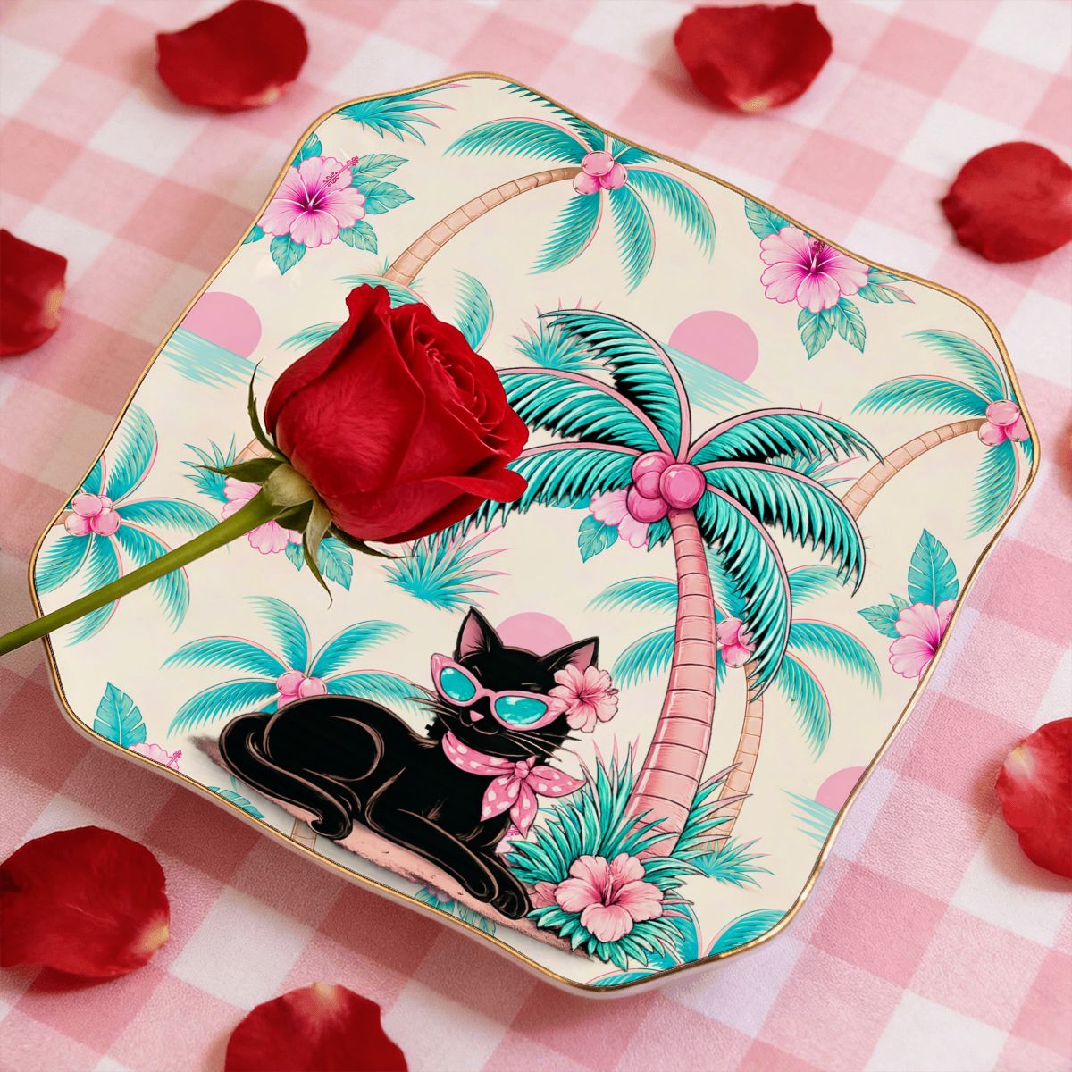 Meow Tropical Paradice Floral Scalloped Ceramic Mahjong Dice Tray
