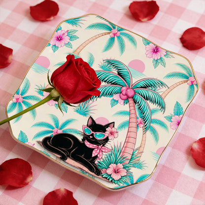 Meow Tropical Paradice Floral Scalloped Ceramic Mahjong Dice Tray