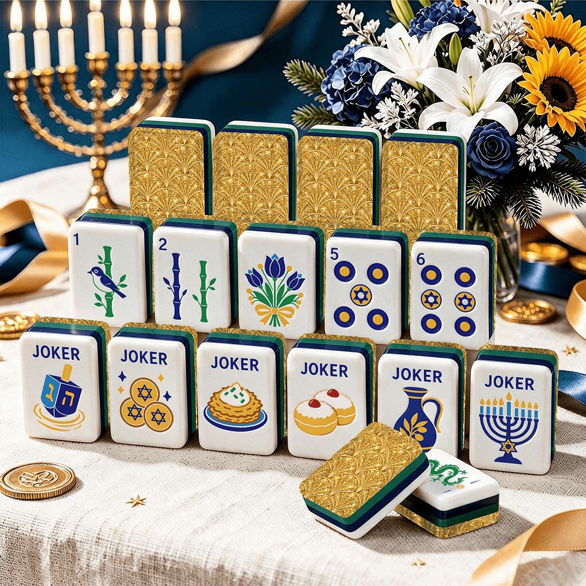 Deco Gold Hanukkah Mahjong Tiles And Carry Case - Splash Of Mahj And Color Co.