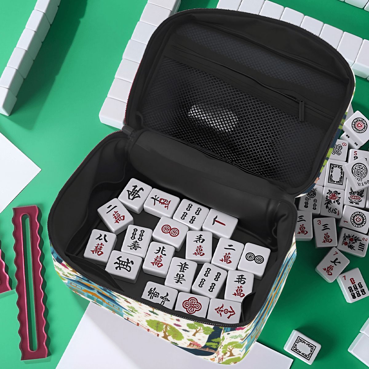 Chinoiserie Asian Garden Pagodas Portable Mahjong Tile Bag - Splash of Color Co.