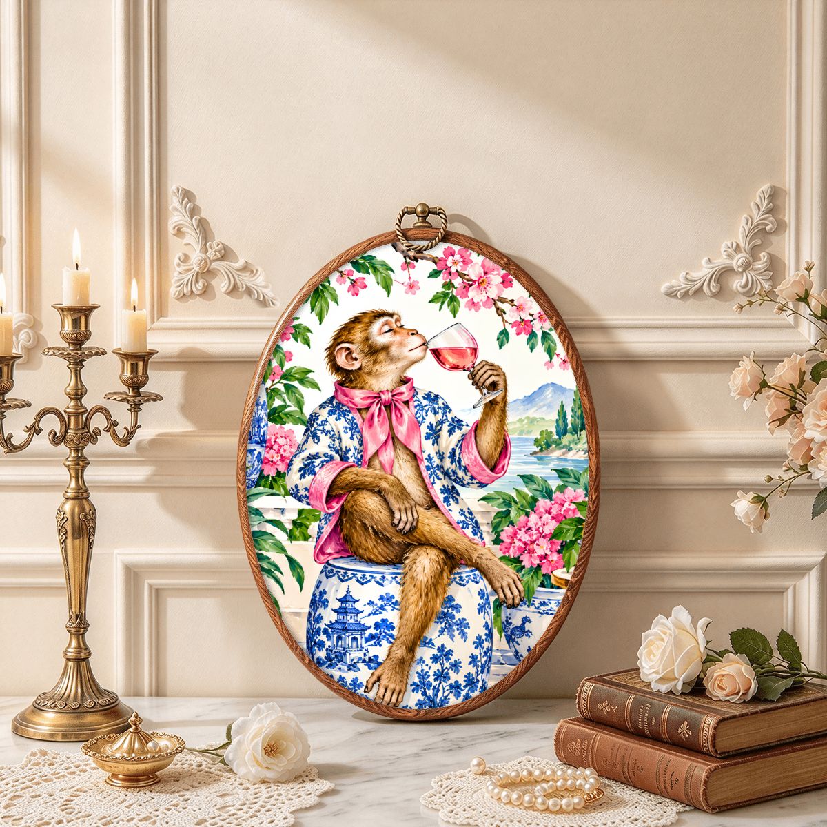 Monkey Garden Party Mahjong Chinoiserie Vintage Oval Wall Art Framed Canvas Print - Splash Of Mahj And Color Co.