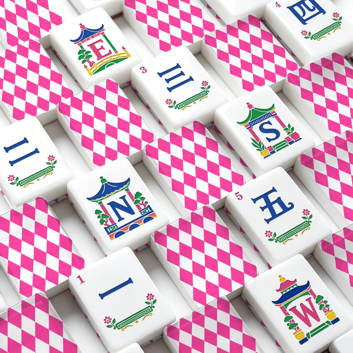 Hot Pink Harlequin Romance Chinoiserie Pastel Mahjong Tiles With Carry Case - Splash Of Mahj And Color Co.