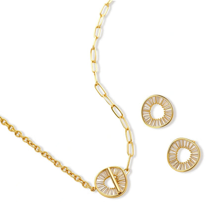 Gold-plated necklace and earring set with circular CZ crystal pendants featuring radial design on cream background