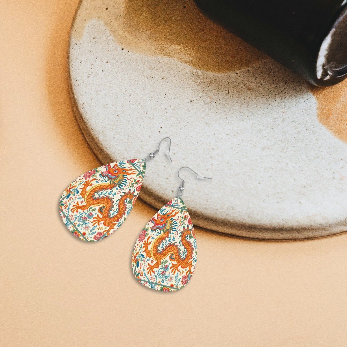 Floral Chinoiserie Dragon Leather Teardrop Earrings - Splash of Color Co.
