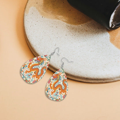 Floral Chinoiserie Dragon Leather Teardrop Earrings - Splash of Color Co.